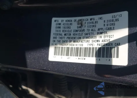 2013 Honda Accord Lx из США, поврежденный, VIN 1HGCR2F34DA141199